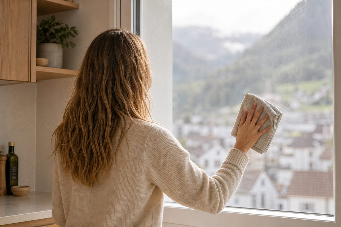 Frau putzt ein Küchenfenster mit Mikrofasertuch, im Hintergrund Dächer und Hügel