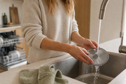 Hände spülen das Sieb des Geschirrspülers unter fliessendem Wasser