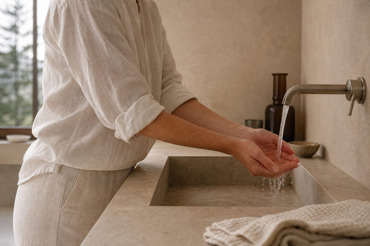 Hände schöpfen am Lavabo lauwarmes Wasser, daneben ein Waschlappen