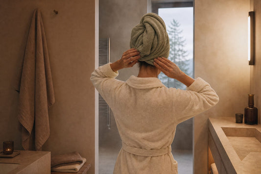 Frau im Bademantel wickelt die frisch gewaschenen Haare in ein Handtuch