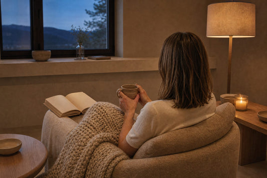 Frau sitzt am Abend mit Tee und Decke im Sessel, daneben Leselampe und Kerze