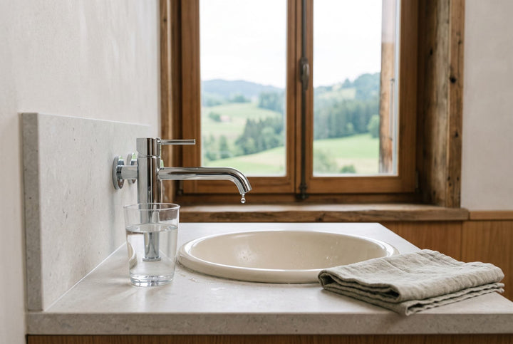 Glas mit Leitungswasser neben einem Lavabo, am Wasserhahn hängt ein Tropfen