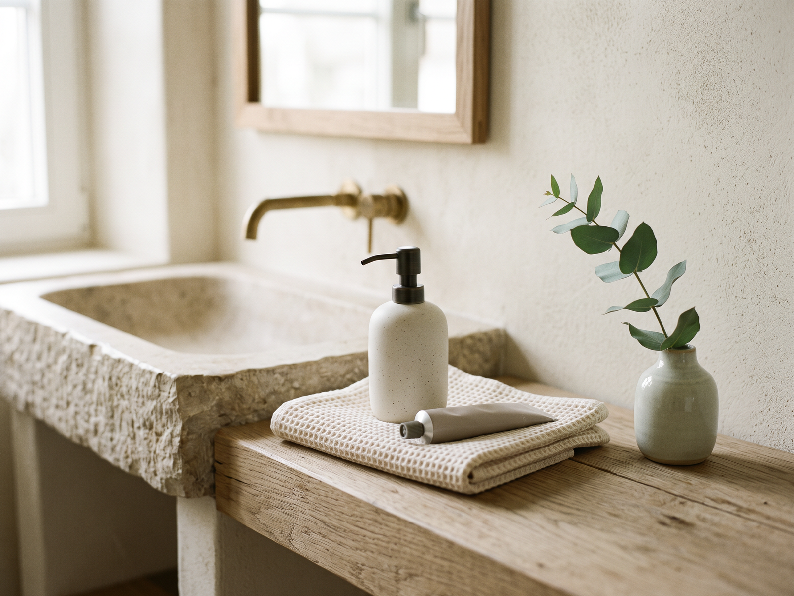 Waschbecken aus Stein mit Seifenspender, Handcreme und Handtuch