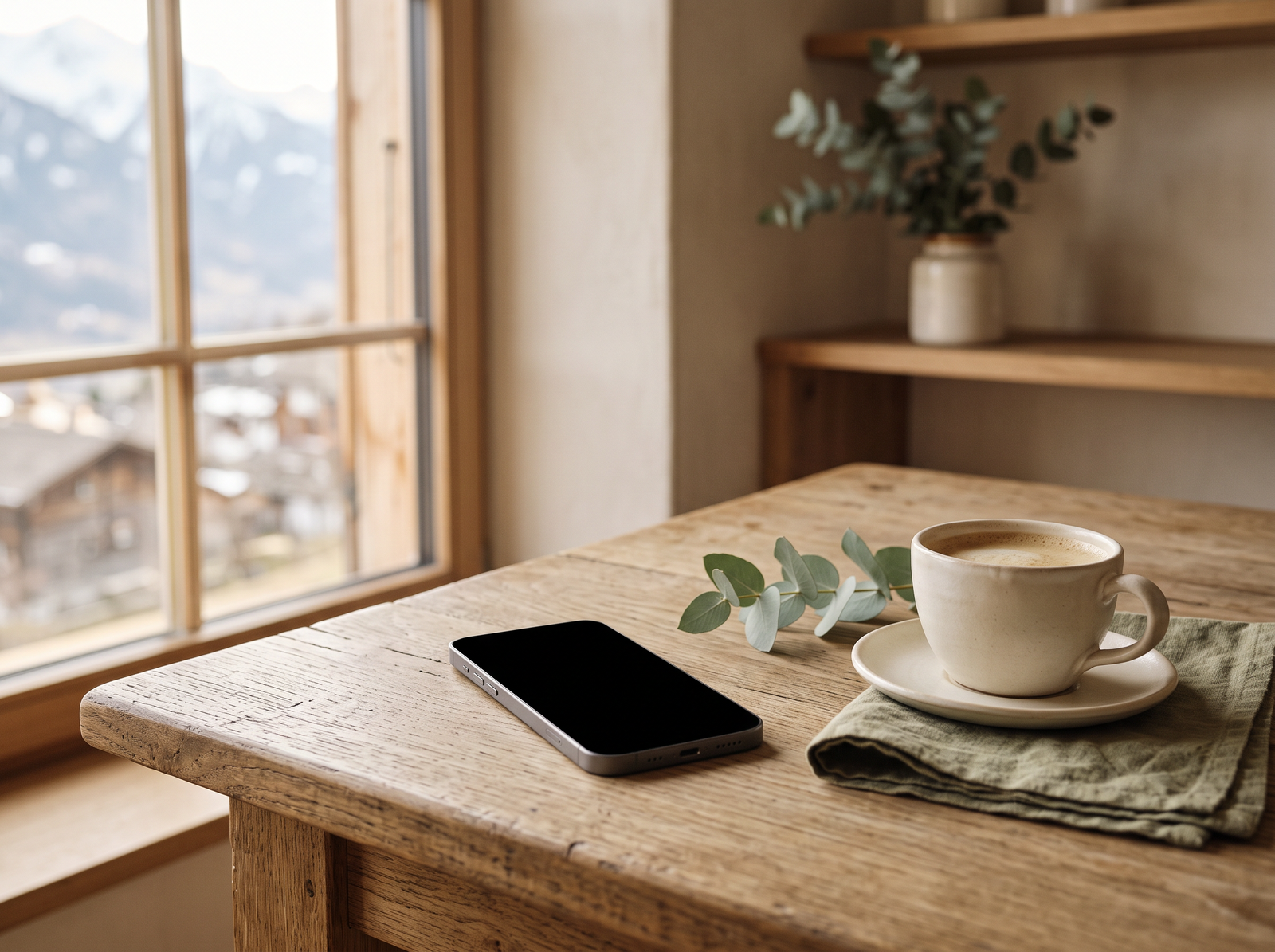 Smartphone und Kaffeetasse auf einem Holztisch am Fenster mit Blick auf die Berge